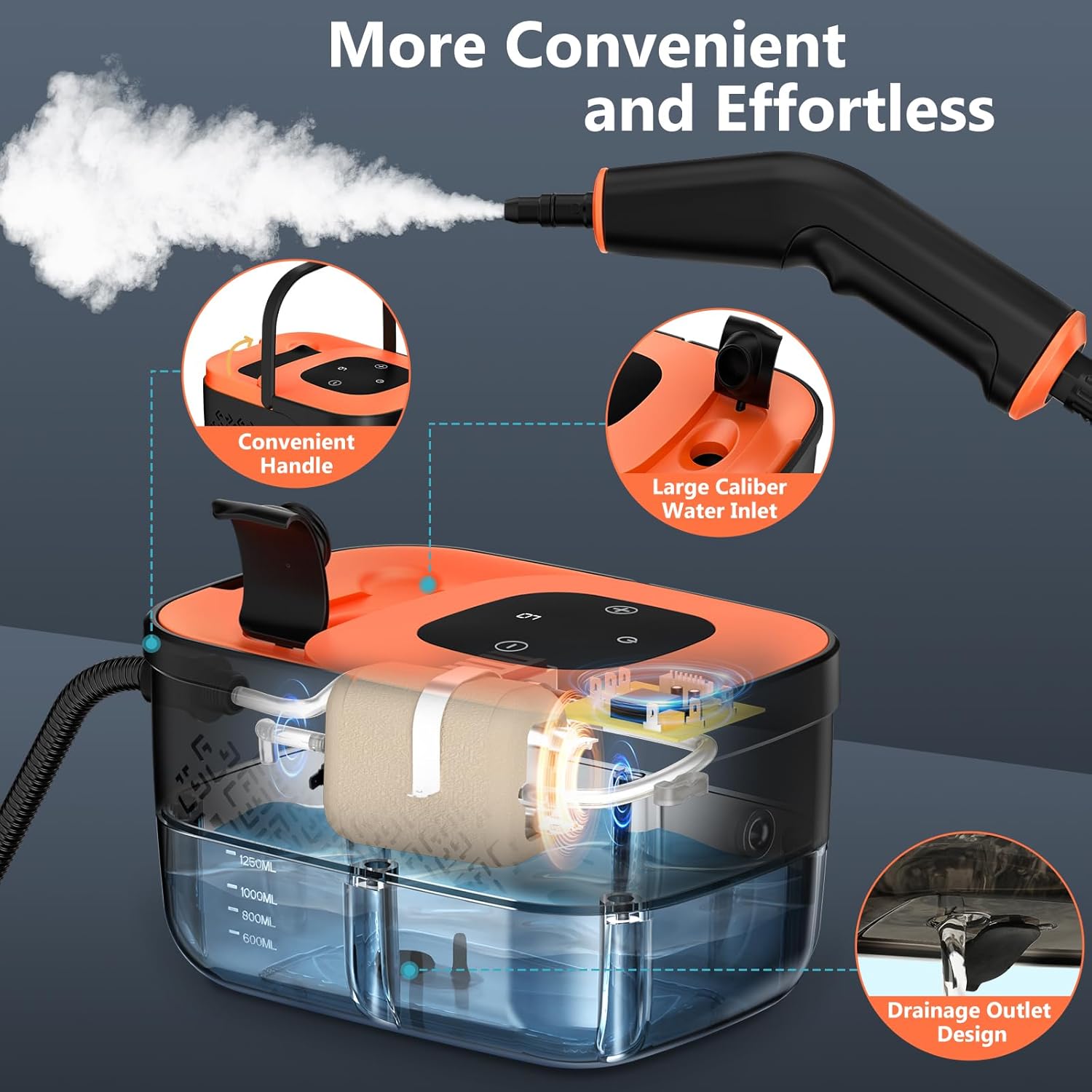 Skiennix Portable Steam Cleaner - 16-Piece Accessory Set | 6-Level Adjustable Heat, Fast 15s Heat-Up, Handheld for Home & Car Detailing - Orange