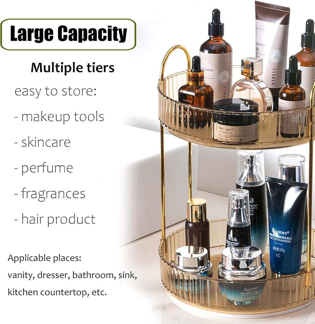 Skiennix Rotating Makeup Organizer - 2-Tier Clear Lazy Susan for Skincare & Perfume Storage | Amber Gold