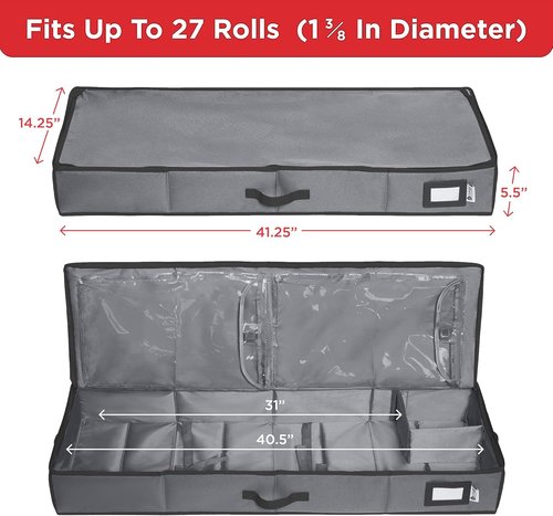 HOLDN’ STORAGE Premium Wrapping Paper Storage Container - Durable 600D Tear-Proof Design | Fits 27 Rolls, Extra Pockets for Ribbons & Bows, Gray