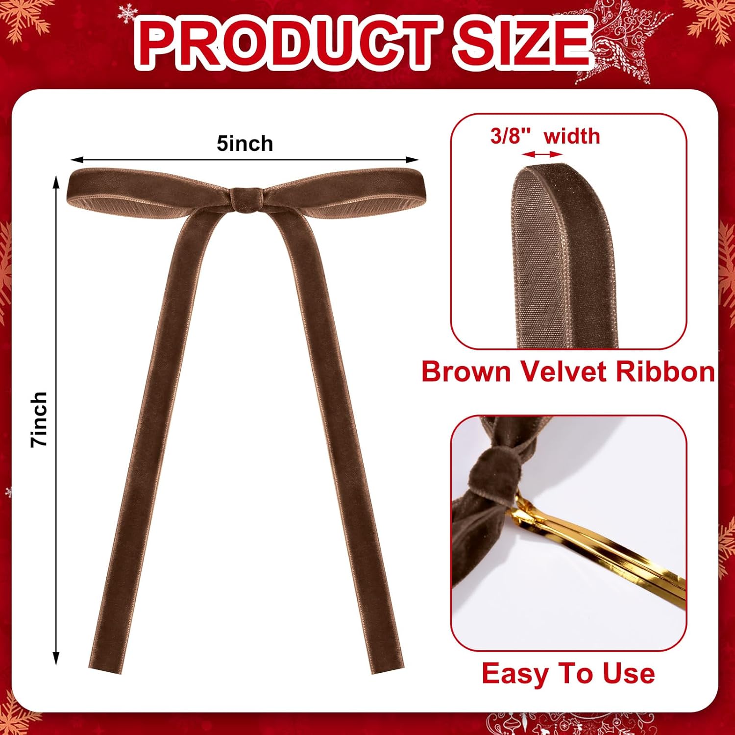 Skiennix 24 Pcs Velvet Bows - Vintage Ribbon Bows for Christmas Tree & Crafts | 5 x 7 Inch, Brown