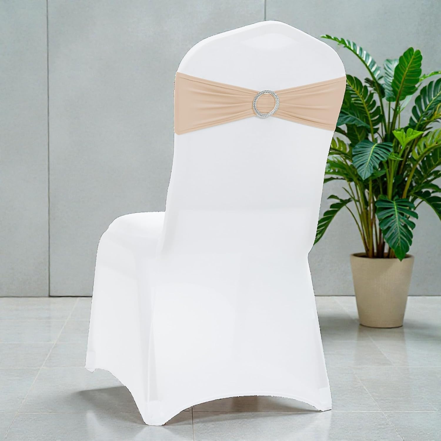 MDS Spandex Chair Sashes - Premium Stretch Covers with Buckle Slider for Weddings | 50 Pack - Champagne Gold