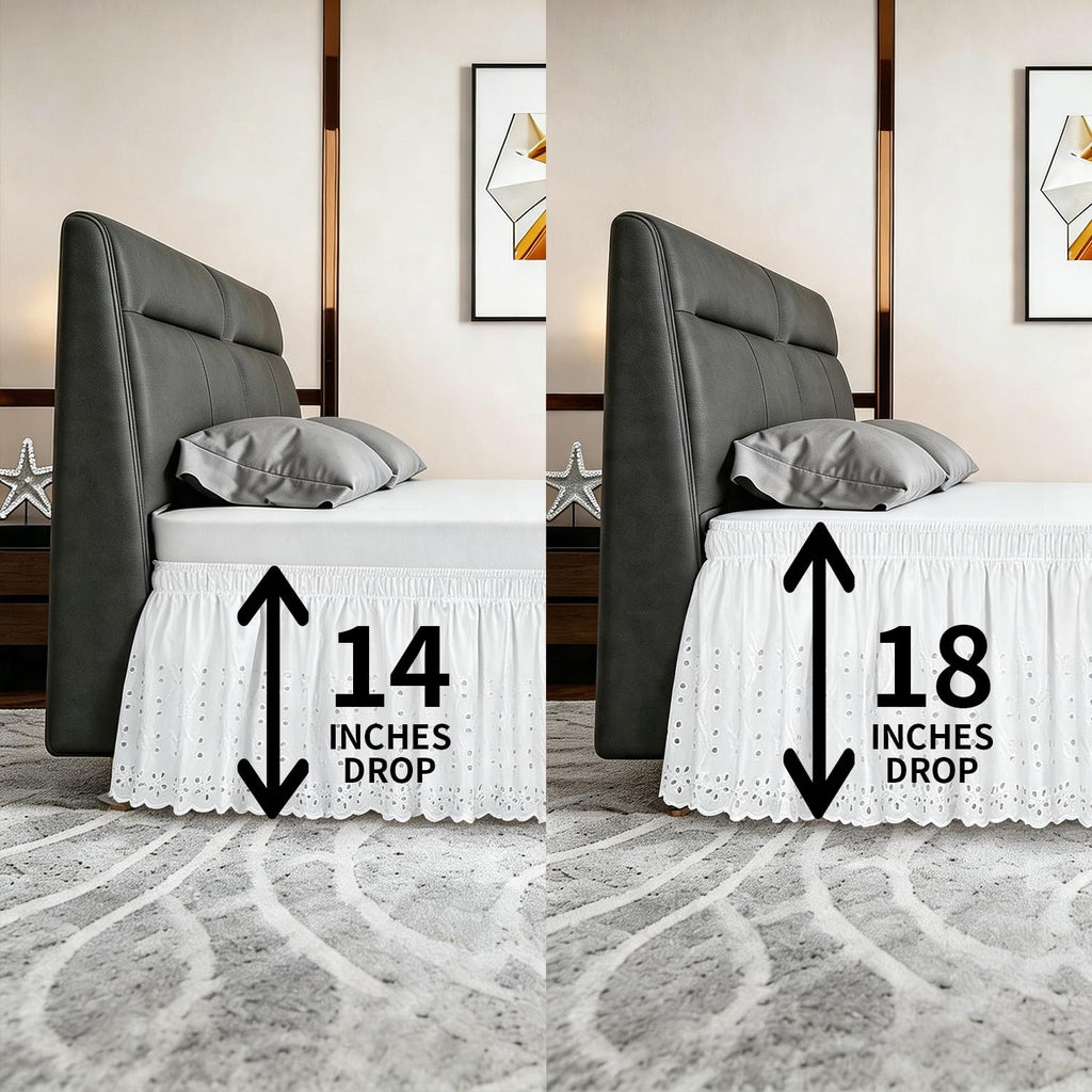 ANARACHON Queen Bed Skirt, Wrap-Around Elastic Ruffled Eyelet Bed Skirt Queen Size Dust Ruffle with Gathered Styling and Embroidered Details, 18" Drop Length (White)