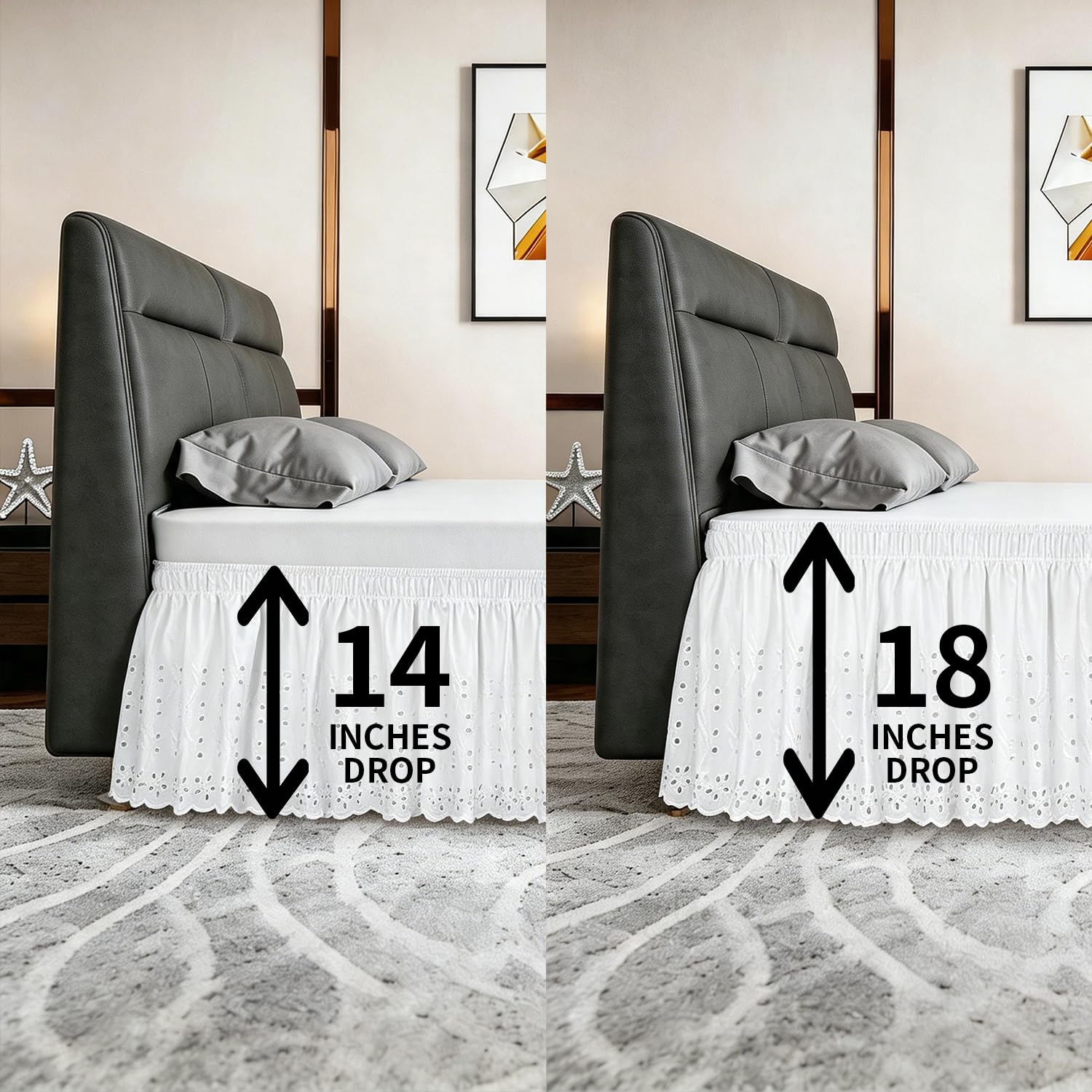 ANARACHON Queen Bed Skirt, Wrap-Around Elastic Ruffled Eyelet Bed Skirt Queen Size Dust Ruffle with Gathered Styling and Embroidered Details, 18" Drop Length (White)