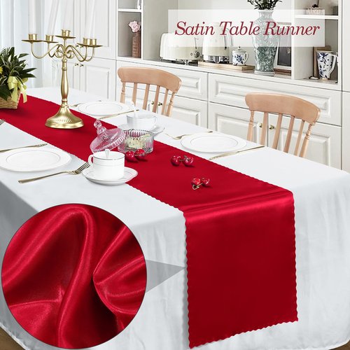 Eychei 6 Pack Red Satin Table Runner 12 x 72 Inch Long,Bright Smooth Table Runner with Scalloped Edges,Silky Dinner Table Runner Decorations for Weddings,Banquet,Birthday Parties,Graduations