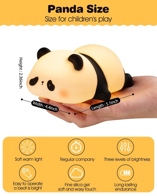 Recolte Panda Night Light for Kids - 3-Level Dimmable, Rechargeable LED Silicone Lamp | Squishy Nursery Light with Timer | Safe Night Light for Baby Room & Toddlers