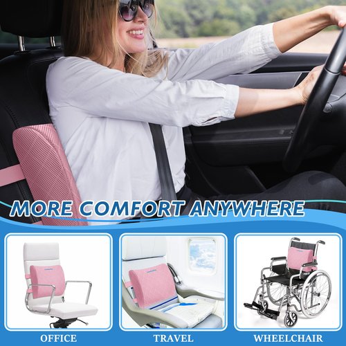 Lumbar Support Pillow for Office Chair Back Support Lumbar Pillow for Car, Gaming, Office Chair - Improve Sitting Posture & Back Pain Relief, Memory Foam, Adjustable Straps, Pink