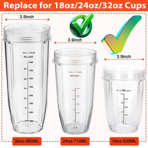 Blender Replacement Parts for Ninja, 24oz NinjavBlender Cups with To-Go Lids & 7 Fins Extractor Replacement Blade for Ninja Auto iQ Blenders BL480-30 BL642-30 BL682-30 BN401 BN751 BN801 BL2012 NN102