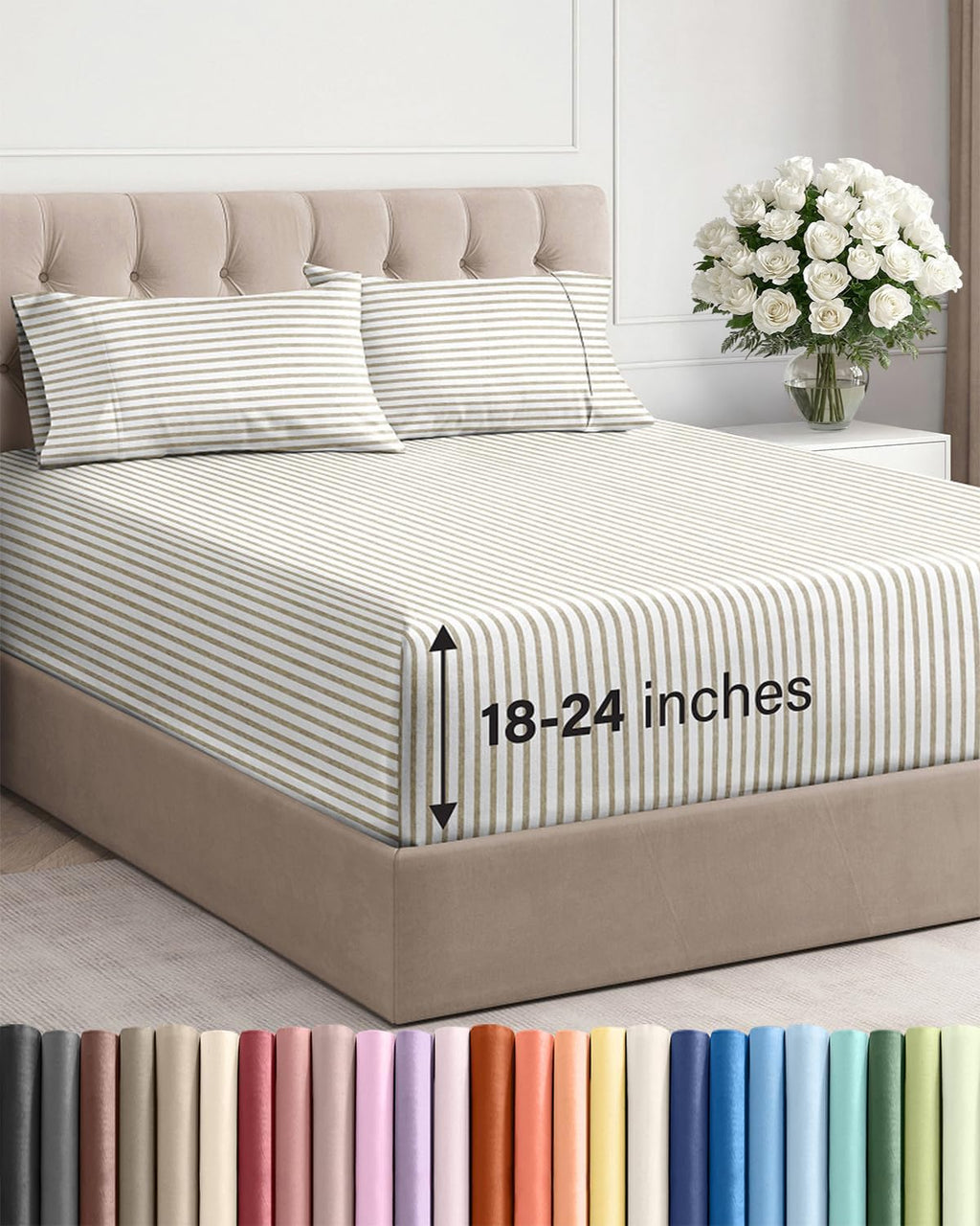 Skiennix Extra Deep Twin XL Sheet Set - 4-Piece Cooling & Breathable Bedding - Soft, Wrinkle-Free - Beige Stripes