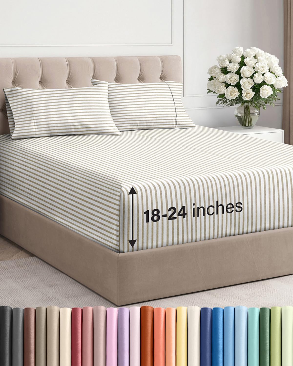 Skiennix Extra Deep Twin XL Sheet Set - 4-Piece Cooling & Breathable Bedding - Soft, Wrinkle-Free - Beige Stripes