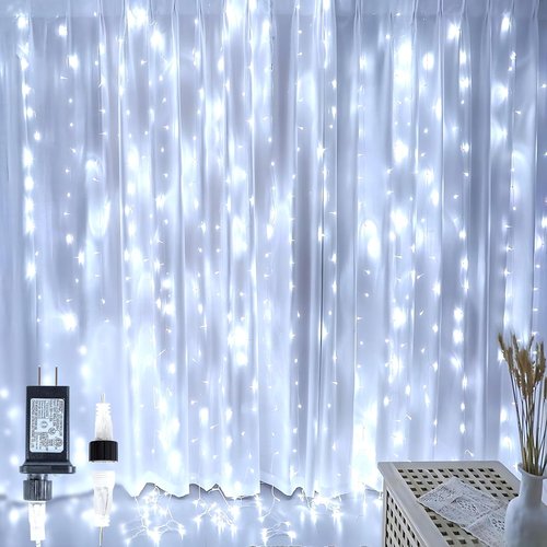 HEYFUNi 304 LED Curtain Lights - 9.8Ft x 9.8Ft Connectable Fairy Lights with 8 Modes for Bedroom & Wedding Decor - White