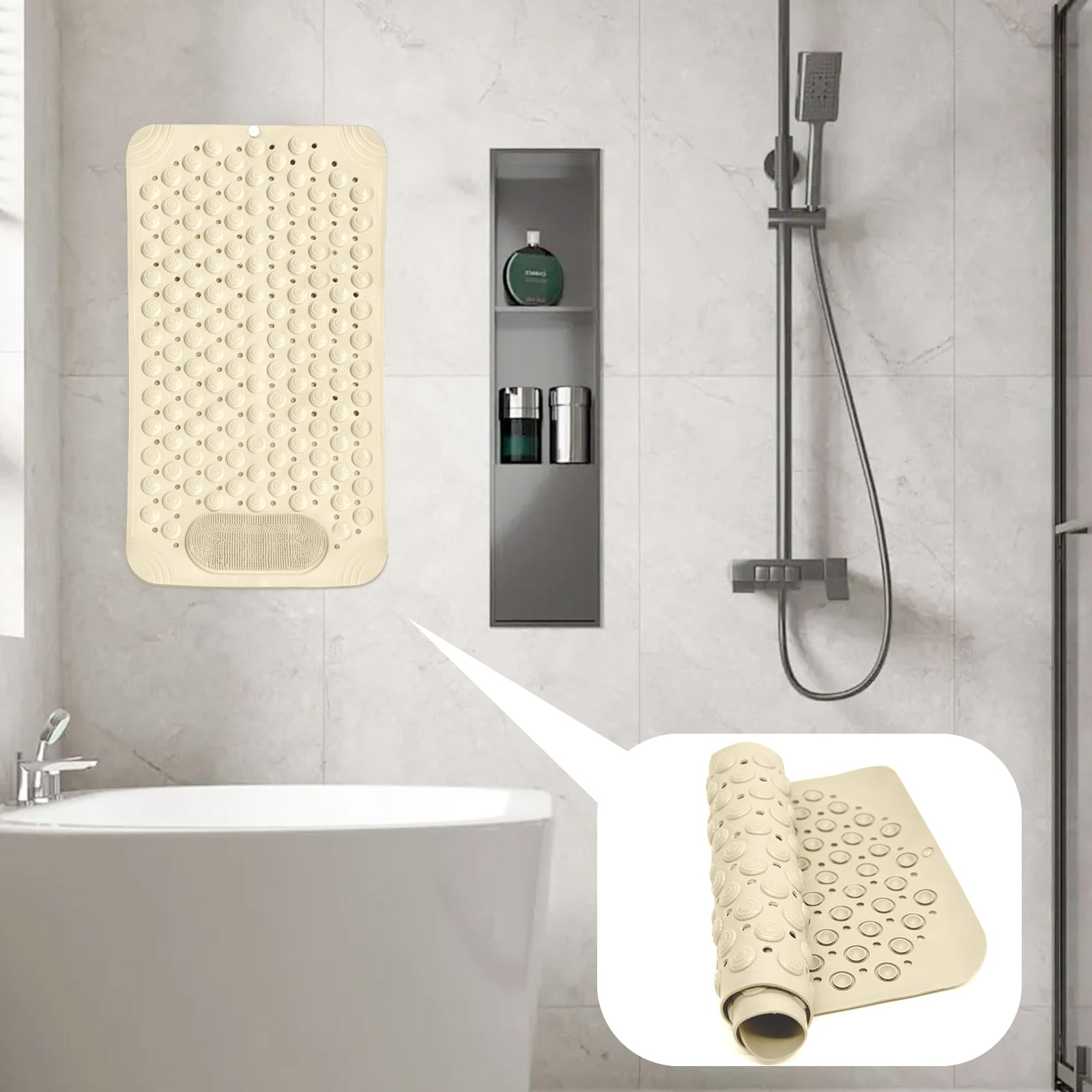 Bathtub Mat 27x14 inch Non Slip Shower Mat with Suction Cups, Anti Slip Shower Mat with Drain Holes Foot Scrubber, Machine Washable Bath Tub Shower StallMat (Khaki)