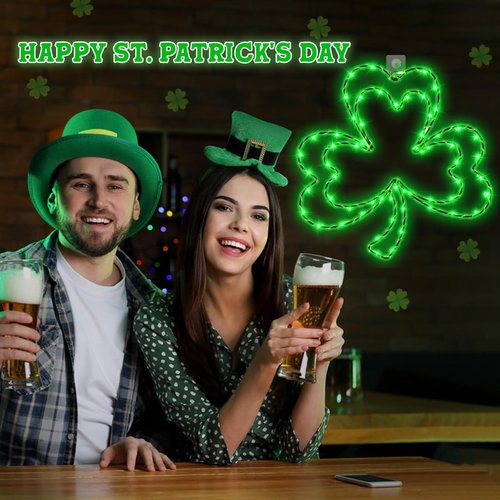 LAIAMER 2 Pcs Light Up Shamrock for Window, 13'' Shamrocks Windows Lights St Patricks Day Window Decor Shamrock Lights Battery Operated with Timer & 8 Modes, Clover Decor Green Light for St Patricks