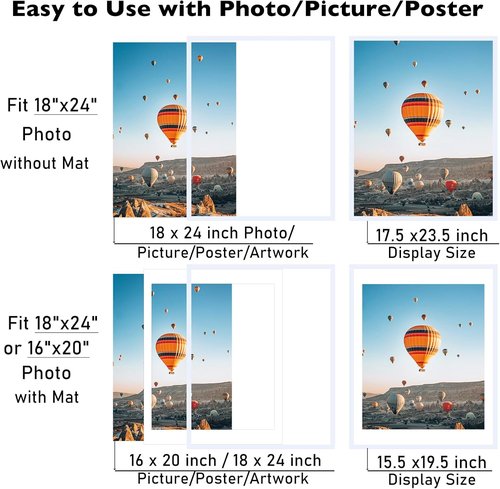 JCJMY 18x24 Picture Frame - Versatile Wall Hanging Frame with 16x20 Mat, White Finish