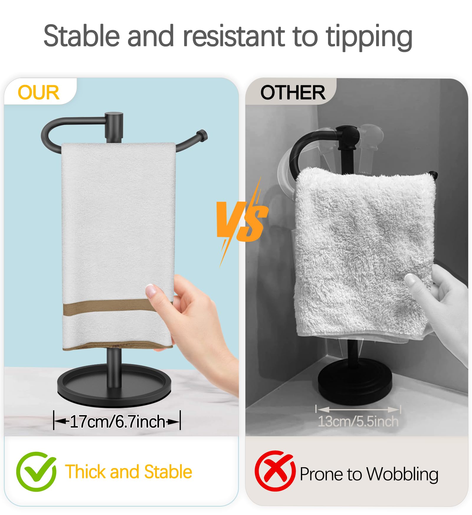 JIAPAIDUO Hand Towel Holder Stand, Matte Black Standing Towel Racks for Bathroom, Stainless Steel Free Standing Towel Rack, Towel Bar Kitchen Vanity Countertops Decor