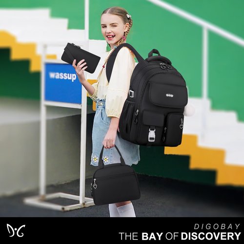 DIGOBAY Backpacks for Girls, 3PCS School Backpack with Lunch Box Pencil Pouch for Teen Girls Kids Elementary Primary Middle High College Travel School bag Bookbag Set （Black）