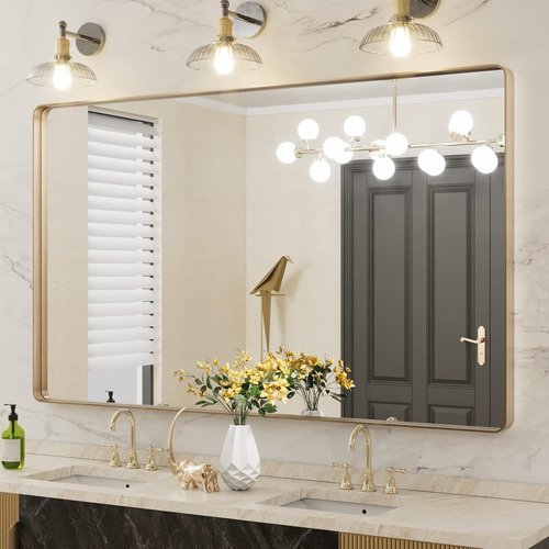 LOAAO Gold Bathroom Mirror - 60”X36” Rounded Rectangle Design | Wall-Mounted, Anti-Rust Tempered Glass