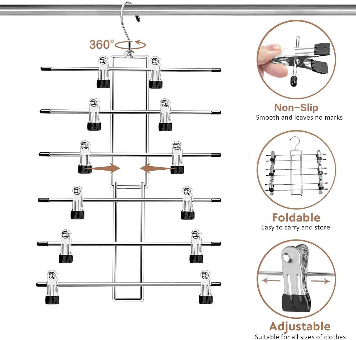 Skiennix Pants Hangers with Clips - Space-Saving 6-Tier Closet Organizer | 360° Swivel Hook - 6 Pack