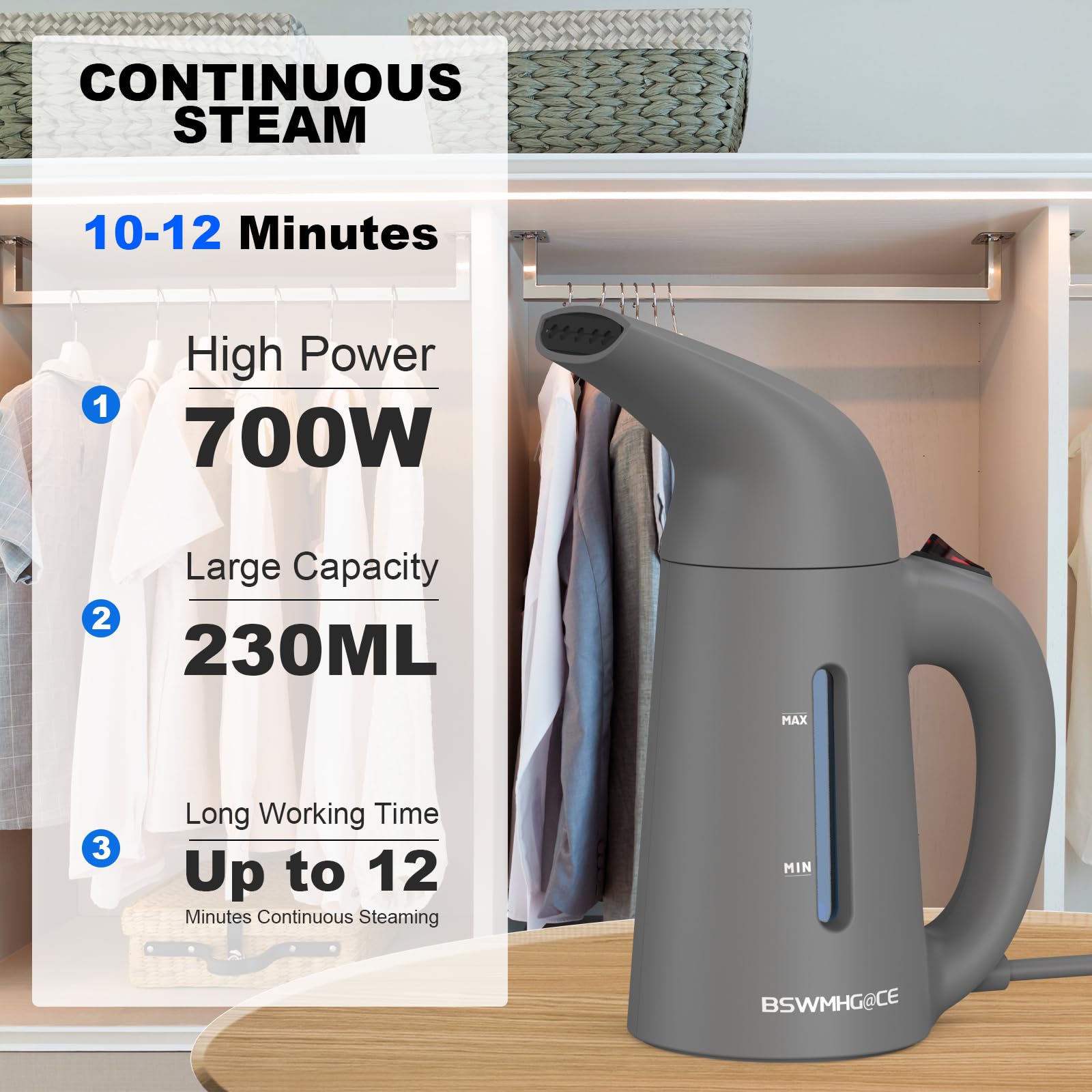 Steamer for Clothes, Travel Handheld Garment Steamer, Portable Clothes Steamer Remove Wrinkle,Ideal for ALL Fabrics,18 minutes Continuous Steam, One button Design, Easy to Use (Gray)