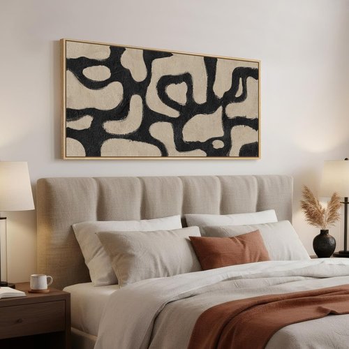 Framed Neutral Abstract Wall Art - Extra Large Black & Beige Canvas Print for Living Room | 30x60 Inch