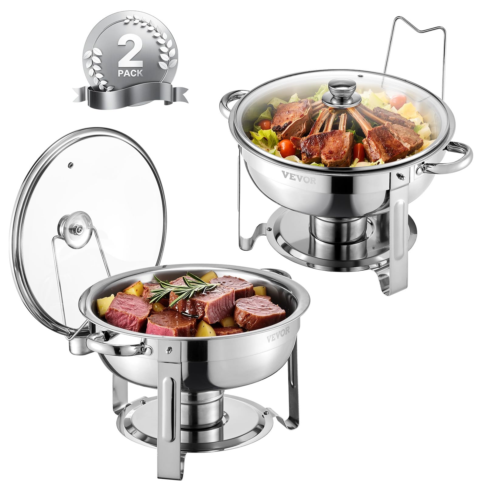 VEVOR Chafing Dish Buffet Set,5 Qt 2 Pack,Stainless Steel Chafer with 2 Full Size Pan,Round Catering Warmer Server with Glass Lid Water Pan Folding Stand Fuel Holder, for Wedding Party Banquet, Silver