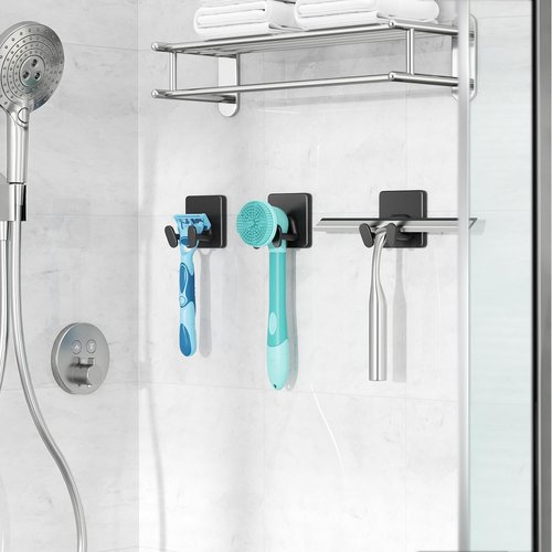 Adhesive Shower Hooks - Extra Sticky Stainless Steel Double Hooks for Razor, Towel & Loofah | Matt Black, 4-Pack