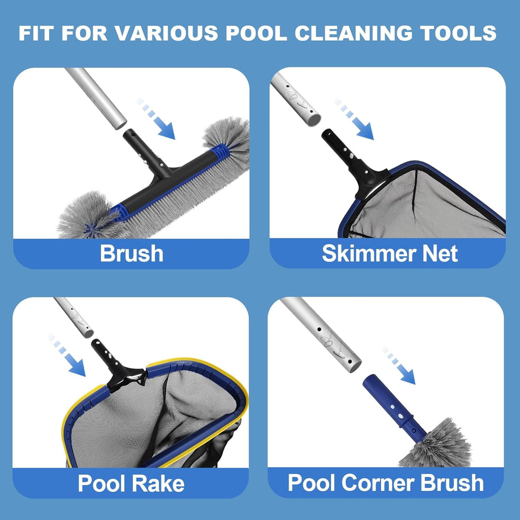 Poolvio 5-in-1 Pool Cleaning Kit - Semi-Deep Skimmer, Aluminum Leaf Rake & 20' Brush with 13' Pole