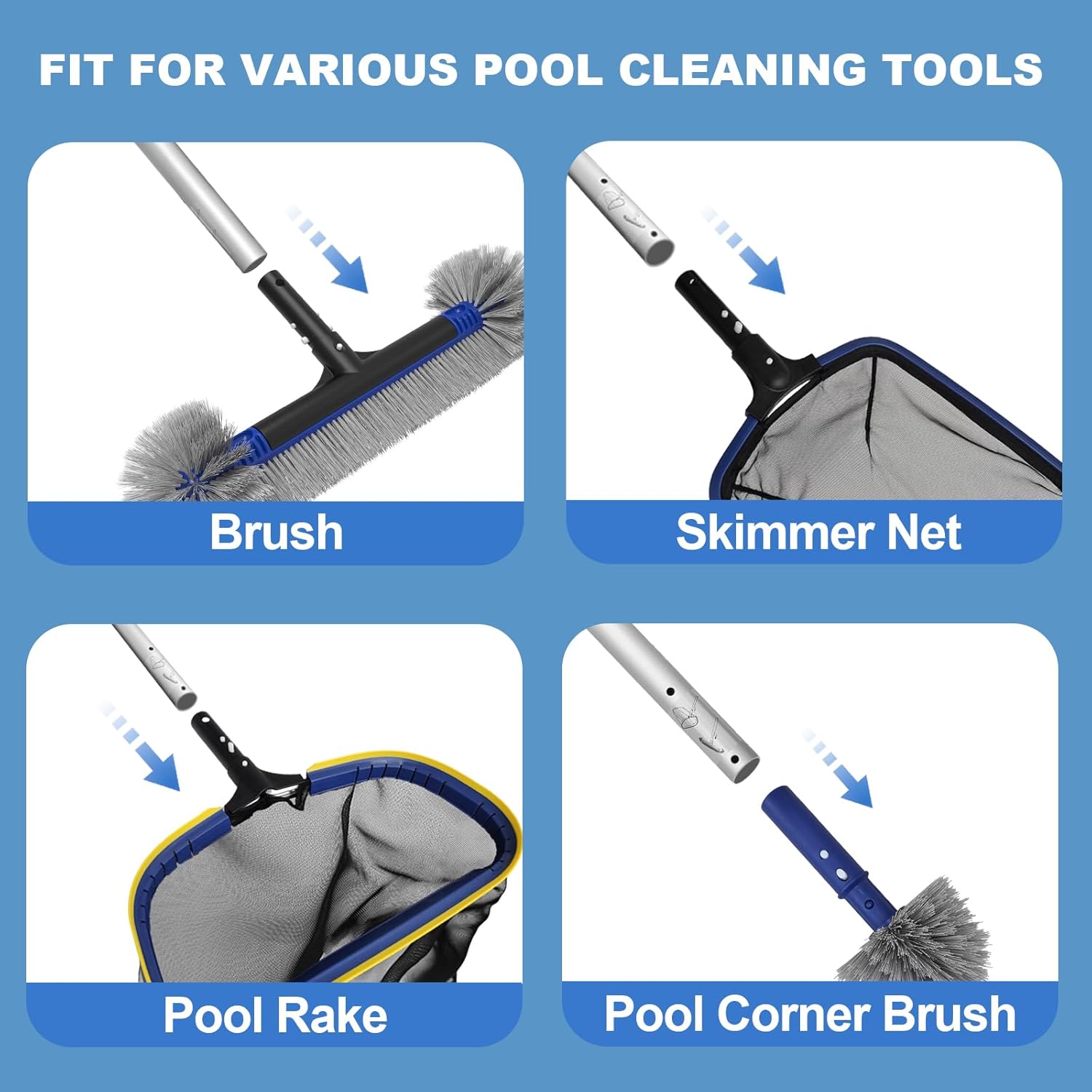 Poolvio 5-in-1 Pool Cleaning Kit - Semi-Deep Skimmer, Aluminum Leaf Rake & 20' Brush with 13' Pole