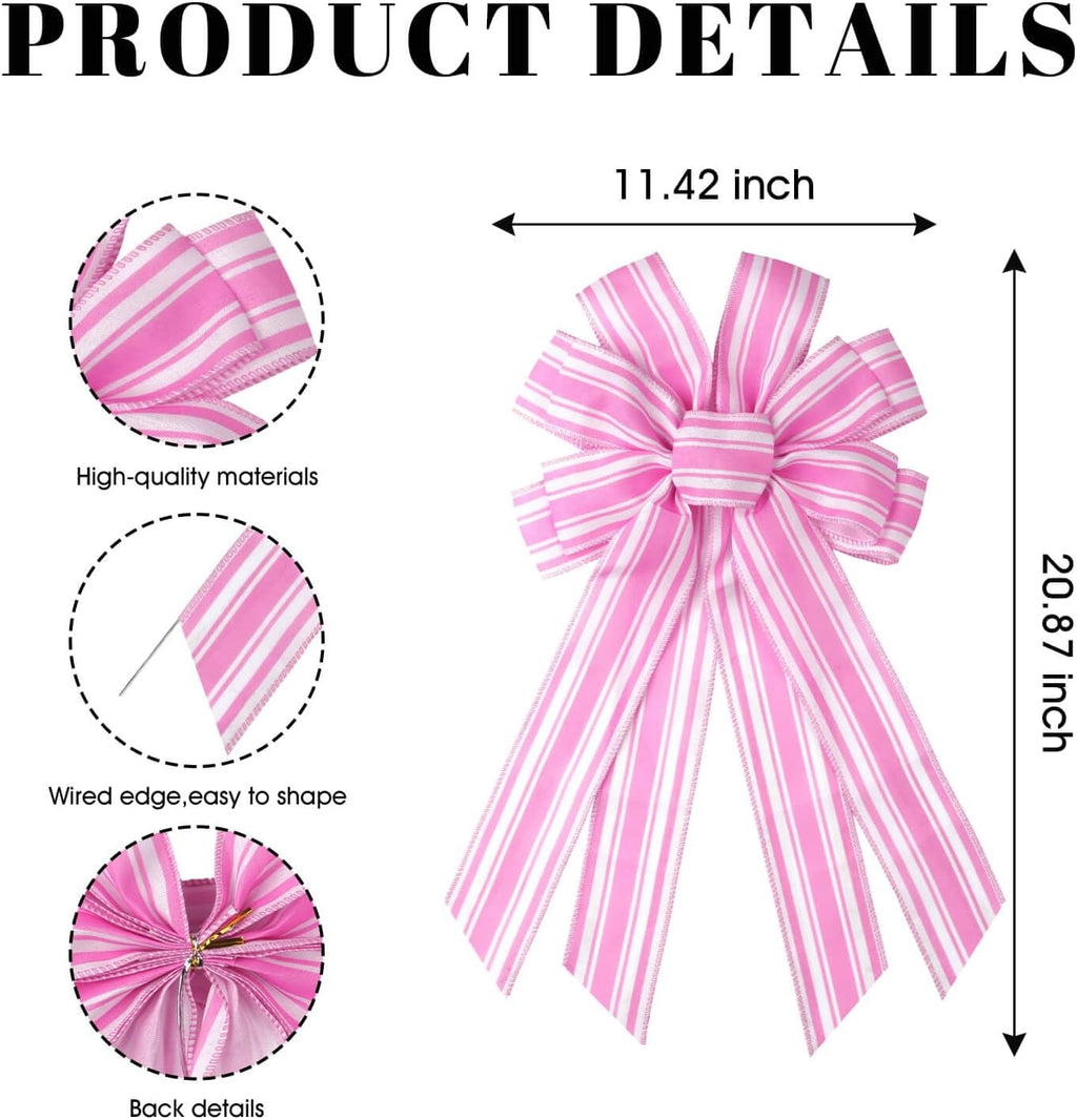 Skiennix Pink & White Striped Wreath Bow - Large 20x11 Inch Baby Shower Decor | Spring & Easter Accent