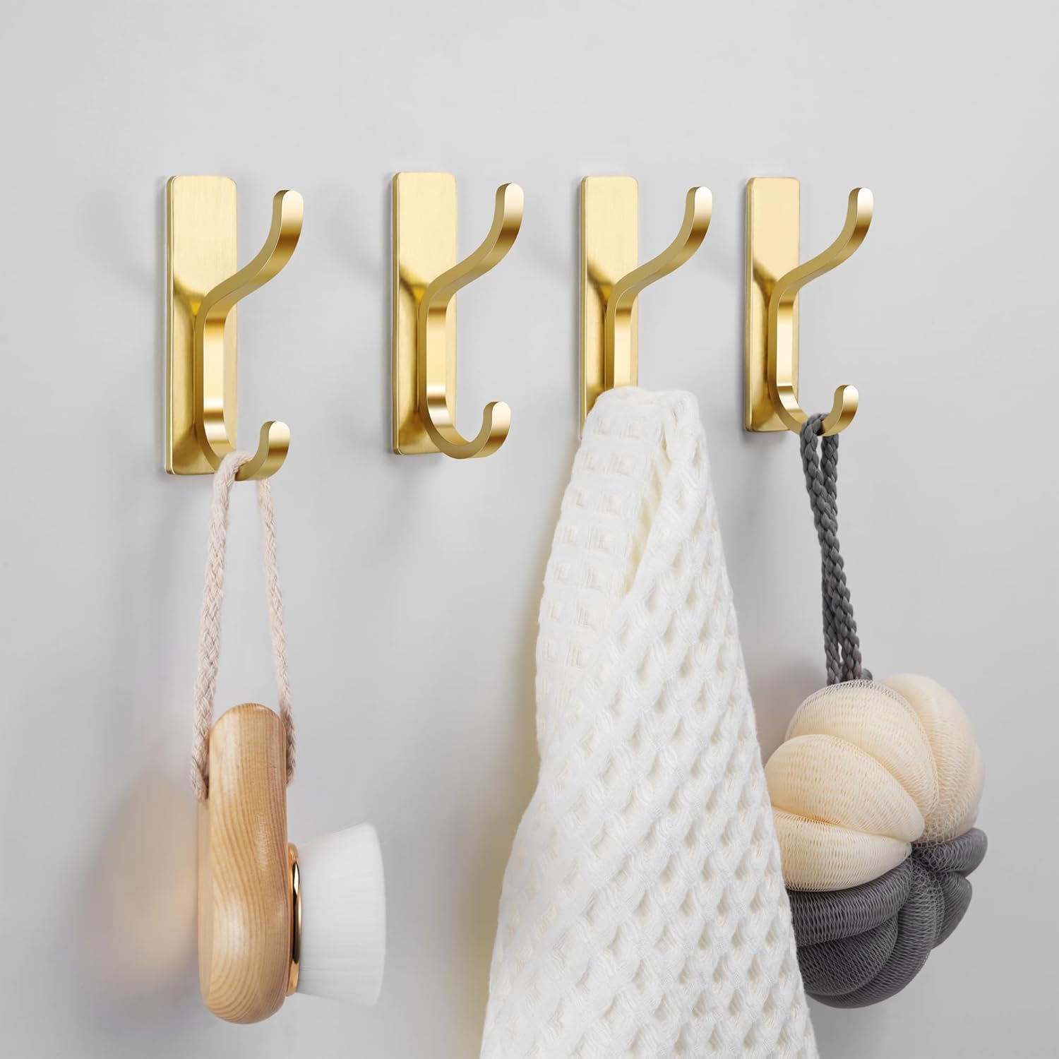 Pickpiff Adhesive Wall Coat Hooks - Heavy-Duty Stick-On Metal Hangers for Towels, Bags & Clothes - Gold, 6 Pack