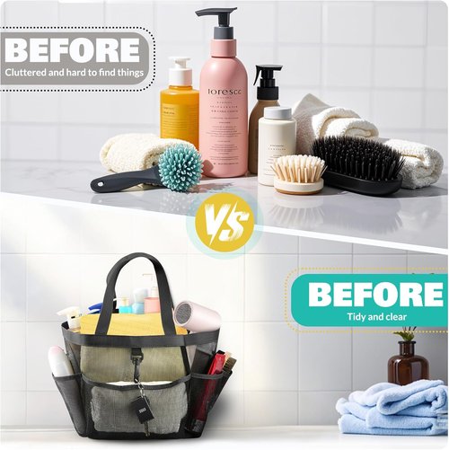 LOYEE Mesh Shower Caddy - Portable College Dorm Room Organizer with 8 Pockets | Black Travel Bag