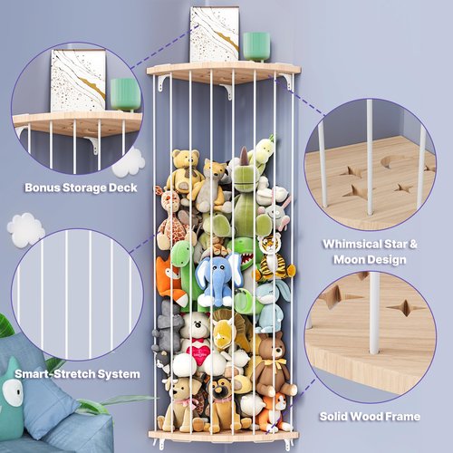 Zayysoha Corner Stuffed Animal Storage Zoo – Adjustable Natural Solid Wood Toy Organizer & Teddy Bear Holder – Large Wall Plushie Cage Shelf with Reinforced Star & Moon Cutouts for Nursery Kids Room