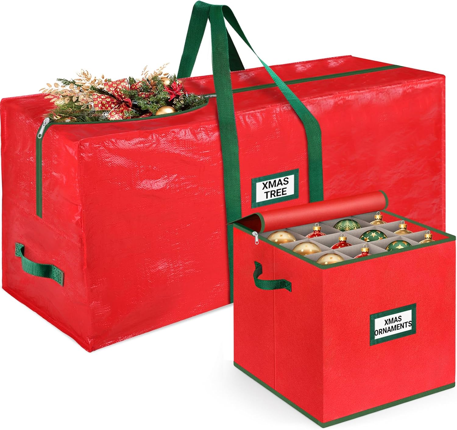StorageRight Christmas Tree Bag & Ornament Storage Box Set - Water-Resistant 7.5 Ft Tree Storage & 64-Compartment Organizer in Red