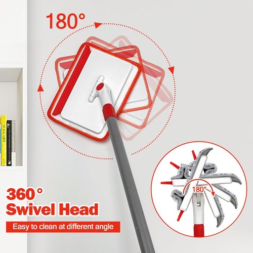 JEHONN Baseboard Cleaner Tool with Handle, 56 inches Base Boards Cleaning Mop Scrubber, 1 Stiff Bristles Brush, 2 Chenille and 2 Microfiber Pads, Wall Duster for Floorboard Ceiling Window Tile