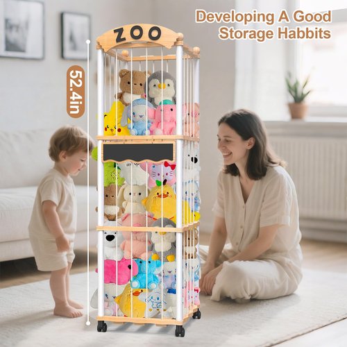 handrong Stuffed Animals Storage,Wood Stuffed Animal Holder Organizer,120+ Plushies Stuffy Storages,3-Tier Toy Storages Organizer Shelf Tower for Nursery Playroom Kidroom Living Room