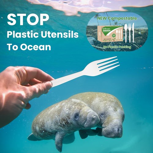 Biocean Extra Heavyduty Compostable Cutlery Set No Plastic Forks Spoons Knives Disposable Utensils Biodegradable Fork Eco Friendly Silverware Serving Flatware for Party,BBQ,Daily Use,Events,Picnic