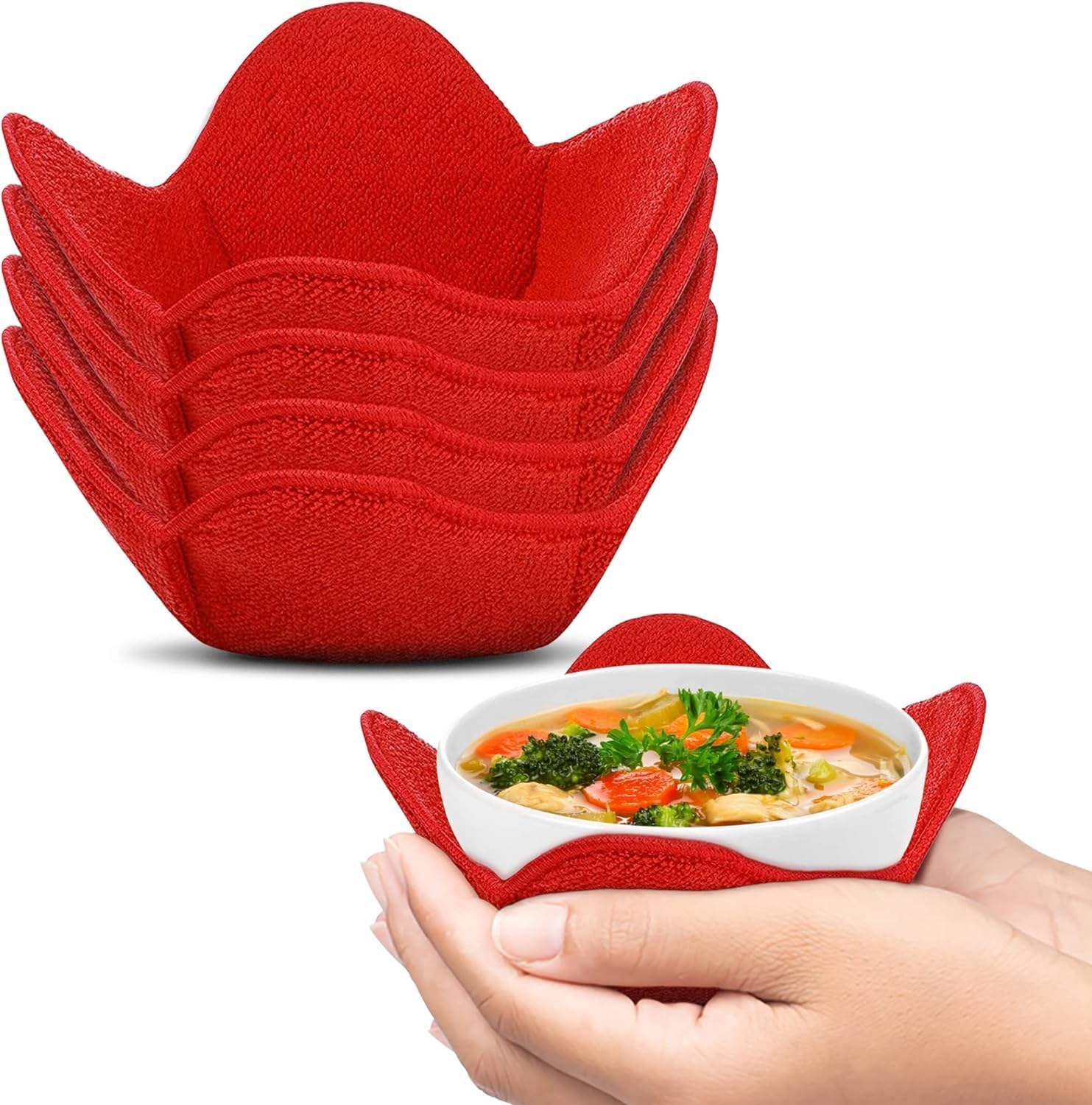 Microwave Bowl Cozies Warmers Food Microfiber Heat Resistant Food Warmer Set Microwave Safe Hot and Cold Bowls Holder Without Burning Your Hands Set of 4 Microwave Bowl Holders (Red)