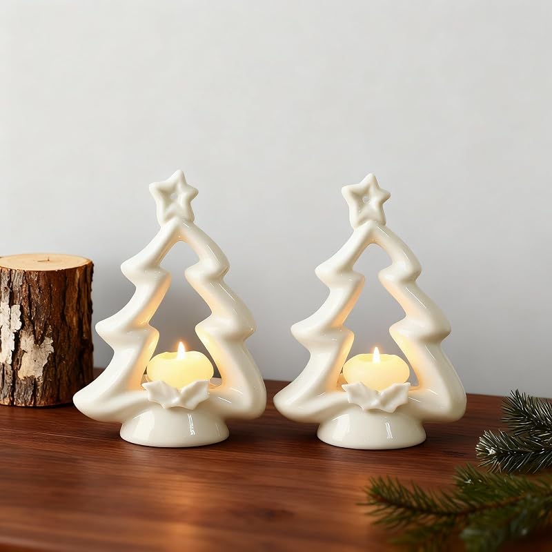 Ceramic Christmas Tree Candle Holders, 2-Pack White Table Decor