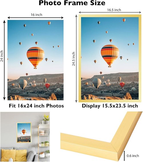**JCJMY 16x24 Gold Picture Frame - Versatile Wall Hanging for Photos & Canvas in Horizontal/Vertical Formats**