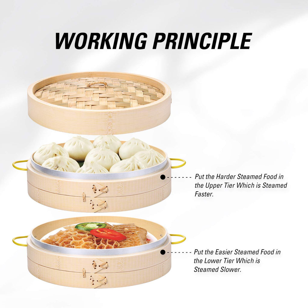MacaRio Bamboo Steamer Basket Set 10 inch Steamer for Cooking, with Side Handles, Ring Adapter, Paper Liners, for Dim Sum Dumplings Buns Seafoods Vegetables Rice Asian Foods