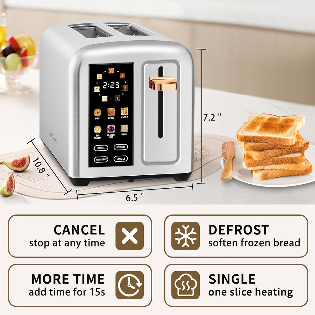 SEEDEEM 2-Slice Toaster - Touch Screen LCD Display, Fast Heating, Stainless Steel, 1.5" Wide Slots, Silver