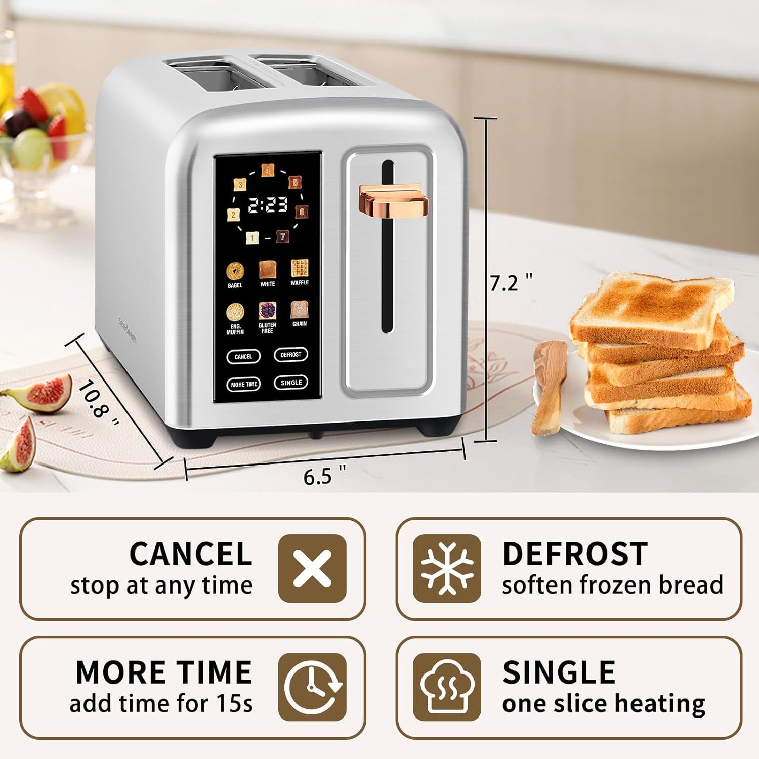 SEEDEEM 2-Slice Toaster - Touch Screen LCD Display, Fast Heating, Stainless Steel, 1.5" Wide Slots, Silver