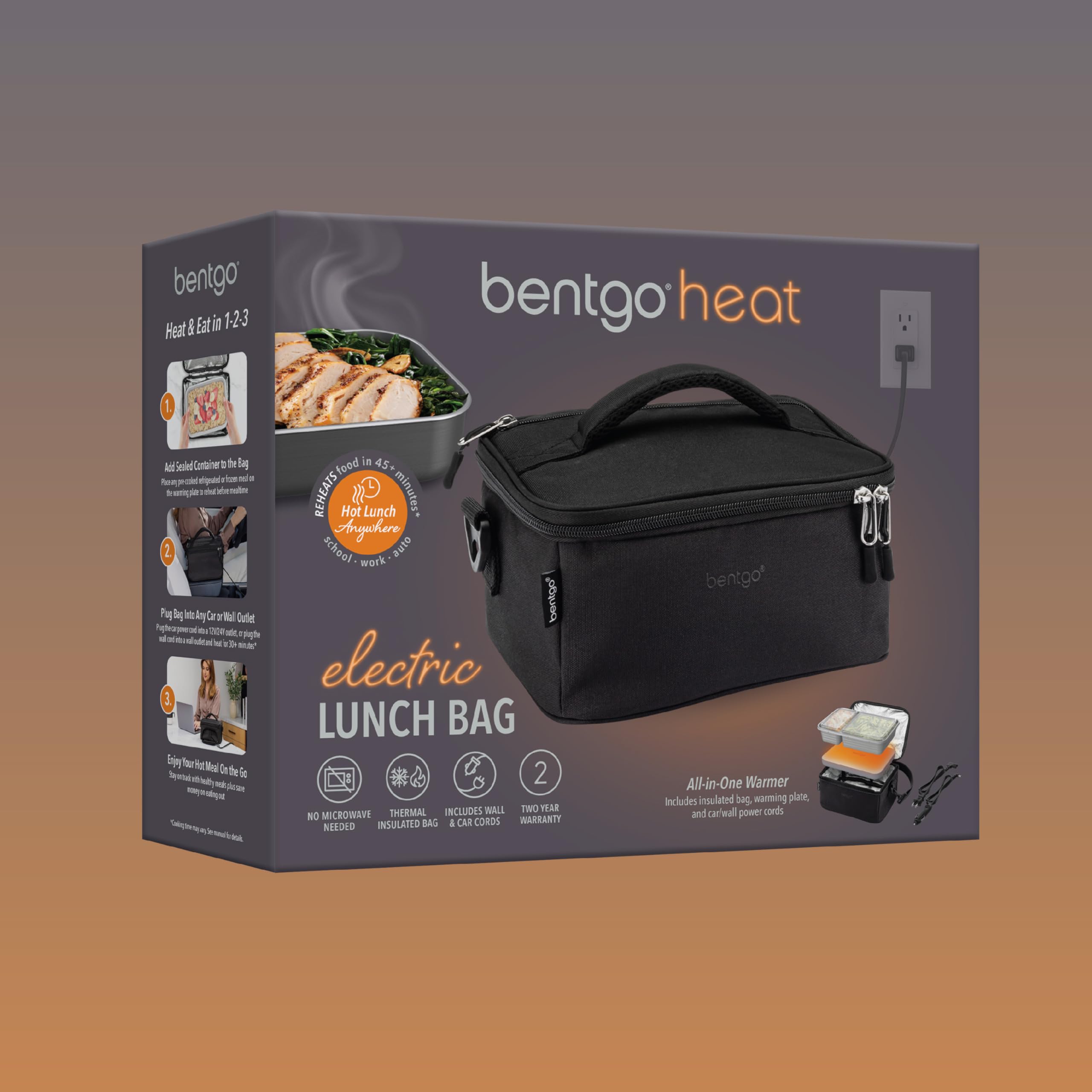 Bentgo Heat - Electric Lunch Bag & Food Warmer for Reheating Meals in Car, at Work & More - Heated Lunch Box Warmer for Adults, Students & Shift Workers, 12V/24V Auto & 120V Wall Cords (Carbon Black)
