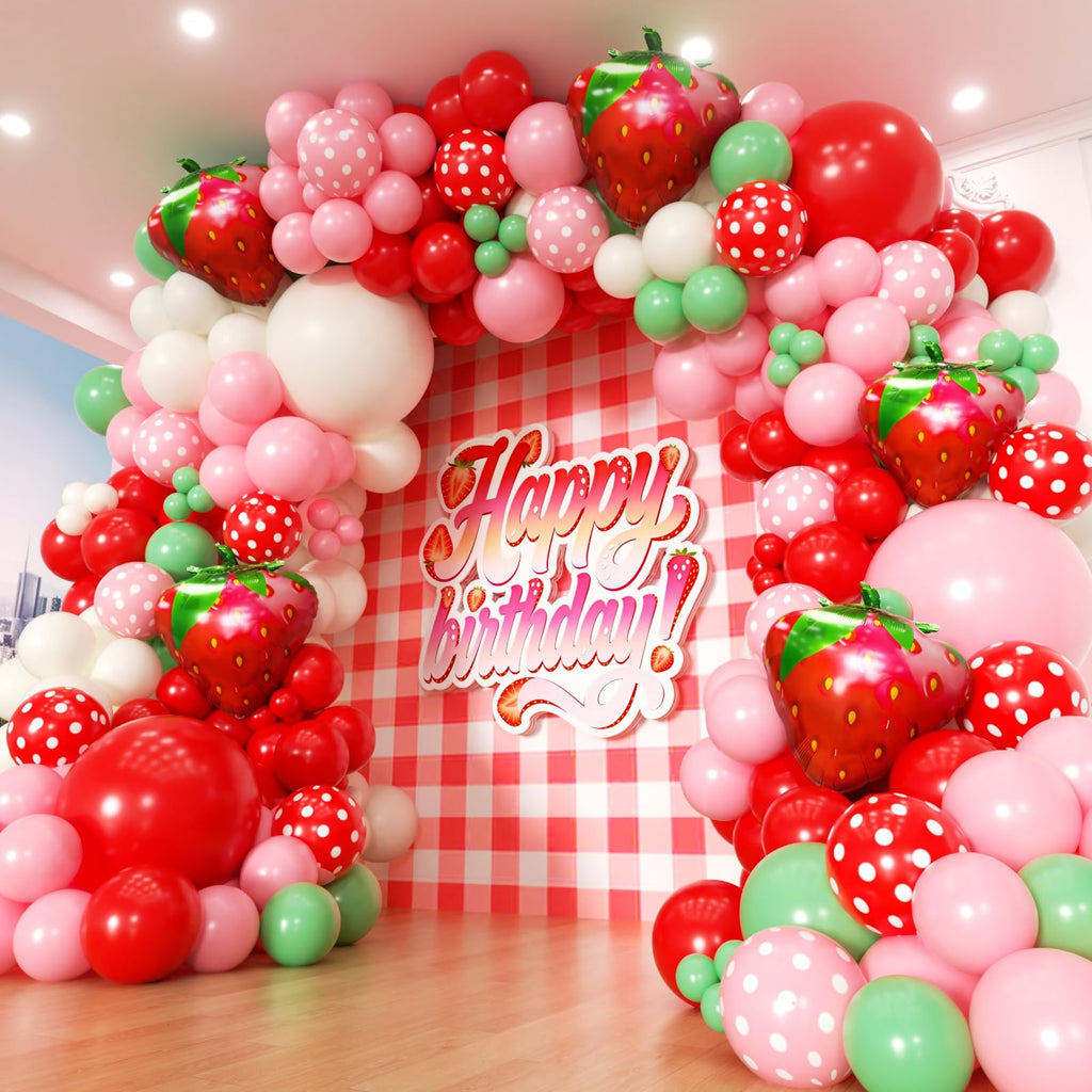 PTGOLUO Strawberry Balloons Garland Arch Kit 163pcs, Red and Pink Green Balloons for Sweet Girl Berry First Birthday Themed Baby Shower Valentine's Day Strawberry Party Decorations