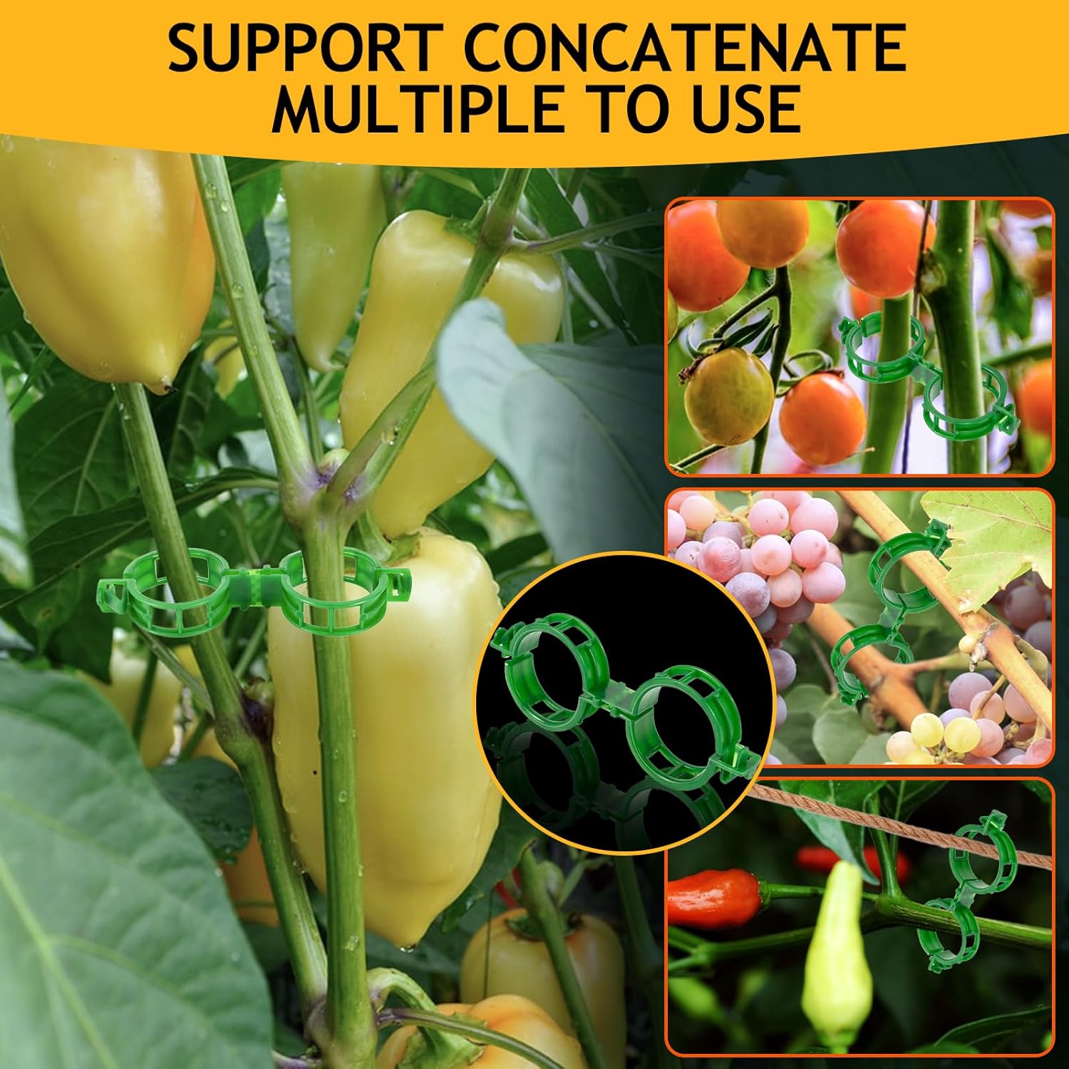 Skiennix 200Pcs Plant Support Clips - Secure Tomato & Grape Vine Clamps for Garden Netting (Green)