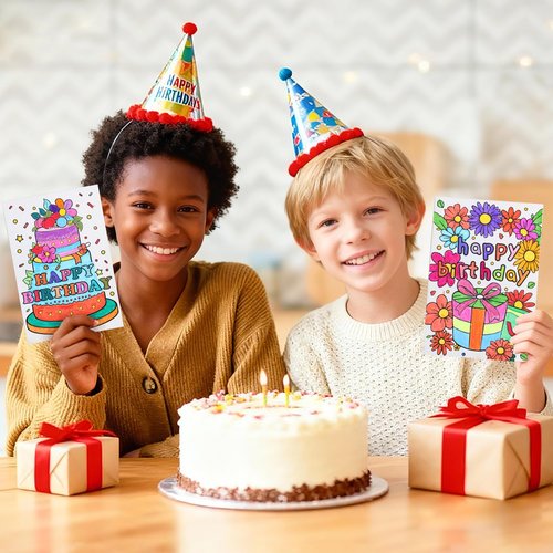 Birthday Coloring Cards - 24 Unique Blank Greeting Card Set with Cakes, Flowers & Gifts | DIY Art Craft for Kids, Adults | Holiday Gift Ideas for Mom, Friends | Thank You & Greeting Card Collection