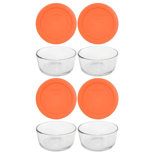 Pyrex (4 7200 2 Cup Glass Dishes & (4) 7200-PC 2 Cup Orange Lids - Made in the USA