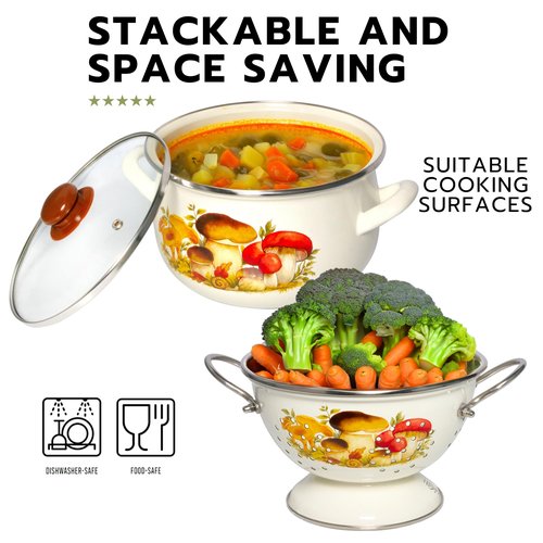 Enamel Aluminum Casserole & Colander Pasta Set with Complimentary Cotton Kitchen Towel & Spatula 1 pot, 1 glass lid, 1 colander (Mushrooms)