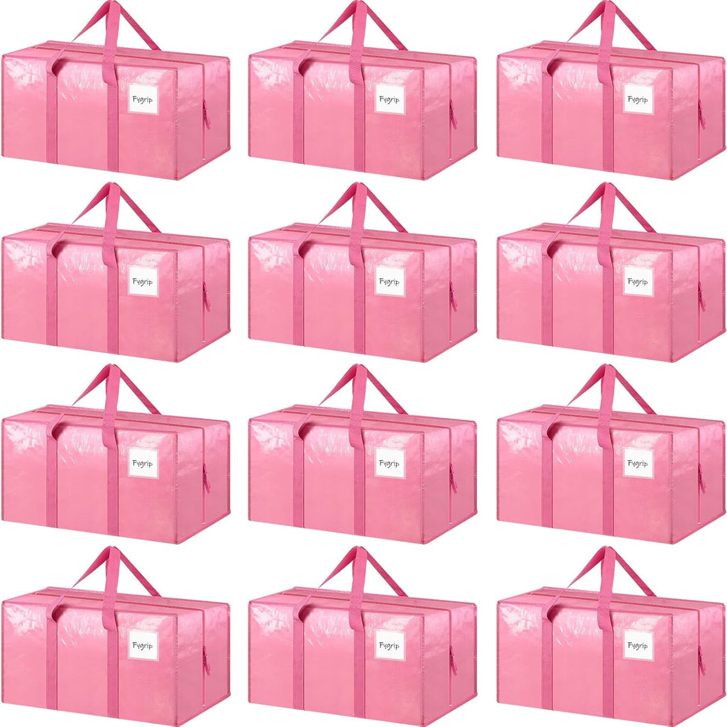Skiennix Extra Heavy Duty Large Moving Bags - Strong Zipper & Comfortable Handles | 12 Pack, Pink