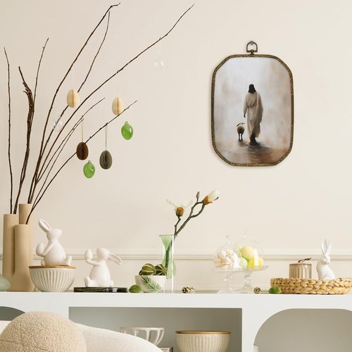 **nvucamd Christian Wall Art - Vintage Jesus and the Lost Lamb Framed Canvas Print | 10.2x7 Inches**