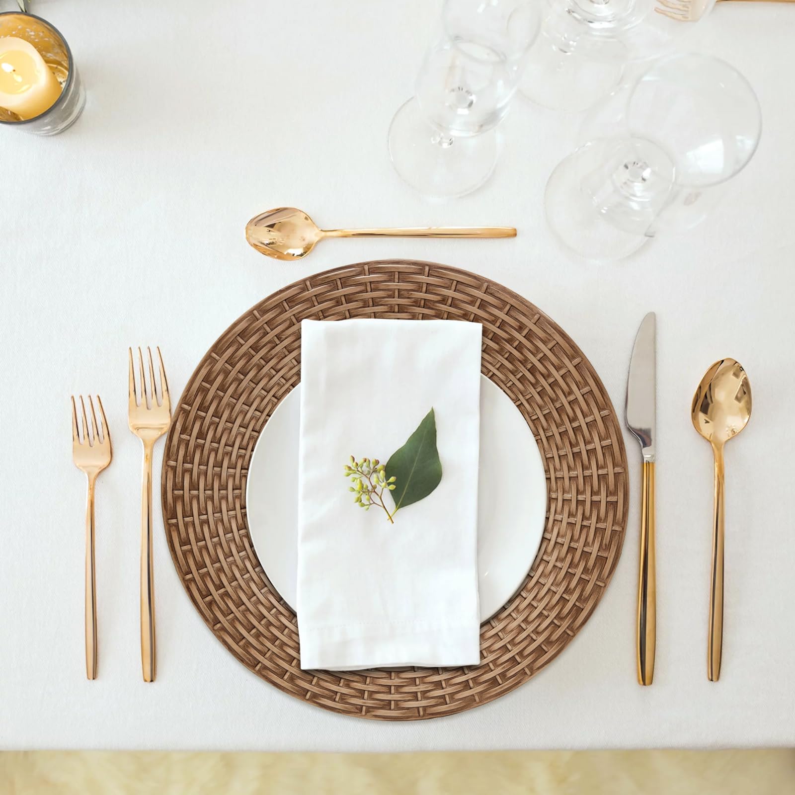 MAONAME Faux Rattan Charger Plates Set of 12, Table Chargers for Dinner Plates, 13" Round Brown Plate Chargers, Plastic Charger for Table Setting, Wedding Decor